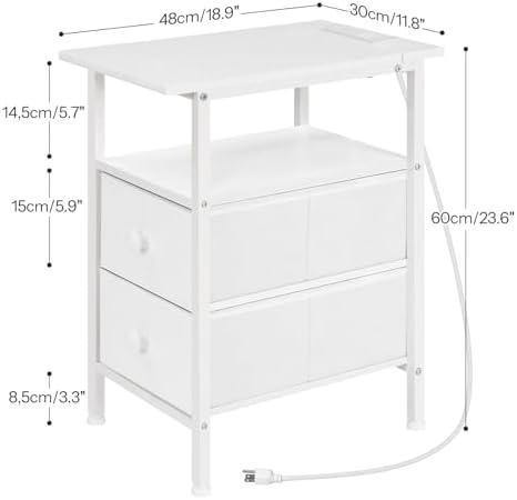 HOOBRO End Table with Charging Station, Narrow Side Table, Nightstand with 2 Non-Woven Drawers, Slim Sofa Side Table, for Small Spaces, Living Room, Bedroom, White WT486UBZ01