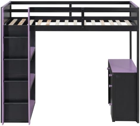 LUMISOL Twin Gaming Loft Bed with Desk and Storage Shelves, Solid Wood Loft Bed with Drawers and Computer Desk for Teens, Space Saving High Loft Bed Frame for Kids Bedroom Purple