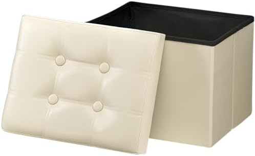 Bsketa Storage Ottoman Bench,17 Inch Folding Leather Foot Rest Stool,Beige