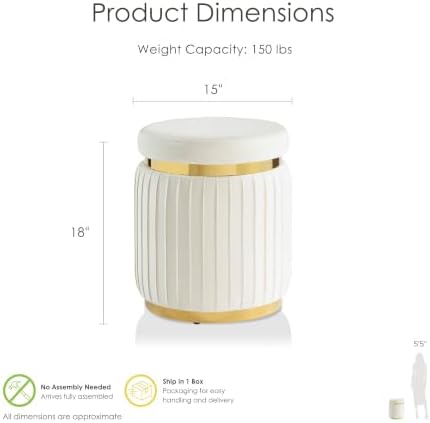 Furniture of America Magnus Modern 15-inch Upholstered Round Ottoman with Gold Trim and Stainless Steel Base, Vanity Stool Chair, Small Foot Stool for Bedroom, Living Room, Entryway, White