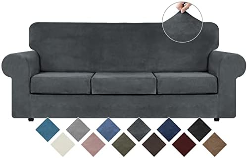 WEERRW 4 Pieces Couch Cover for Sofa Velvet Sofa Covers Washable, Dark Grey