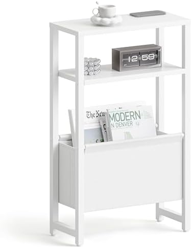 Narrow Side Table, Slim End Table with Magazine Rack, Skinny Bedside Table for Small Spaces, 3 Tier Sofa Couch Table Nightstand for Living Room, Bedroom, White LET503W