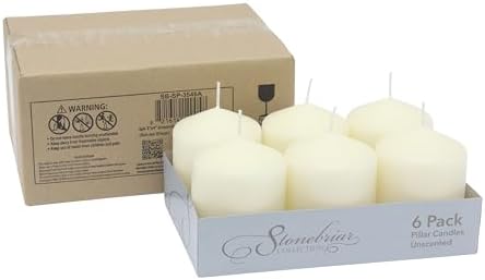 Stonebriar Unscented Pillar Candles – 35 Hour Burn Time, Long-Lasting Wax Candles for Weddings, Holidays, Home Décor & Special Events, Pack of 6, Ivory, 3" x 4"