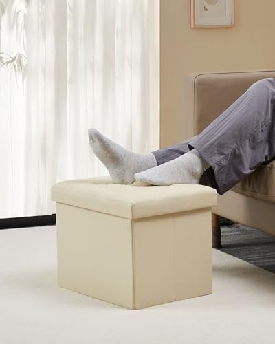 Bsketa Storage Ottoman Bench,17 Inch Folding Leather Foot Rest Stool,Beige