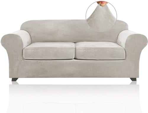 PrinceDeco Couch Cover Velvet Plush Sofa Covers for 2 Cushion Couch Width Up to 90 Inch Washable Furniture Protector Pet Friendly No Slip Sofa Slipcover(Medium-Large, Oatmeal)