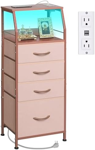 WLIVE 4 Drawer Dresser for Bedroom, 37" H Nightstand with Charging Station and Led Light, Tall Night Stand Bed Side Table, End Table with USB Ports and Outlets, Fabric Bins, Wood Shelf, Pink