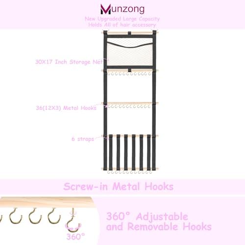 Munzong Headband Holder 52x17 inch, Black Bow Holder for Baby Girls,4 Tier Large Capacity Wall Hanging Headband Shelf w/Mesh Bag,Nursery Hair Accessories Organizer Display Rack for Toddler Kids Women