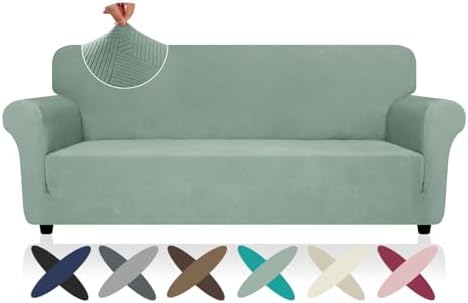 ZNSAYOTX Super Stretch Couch Cover (72"-92"), New Striped Sofa Covers Fitted Slipcovers with Elastic Bottom, Dog Cat Pets Proof Spandex Fabric Comfortable & Durable (Pea Green, Sofa)
