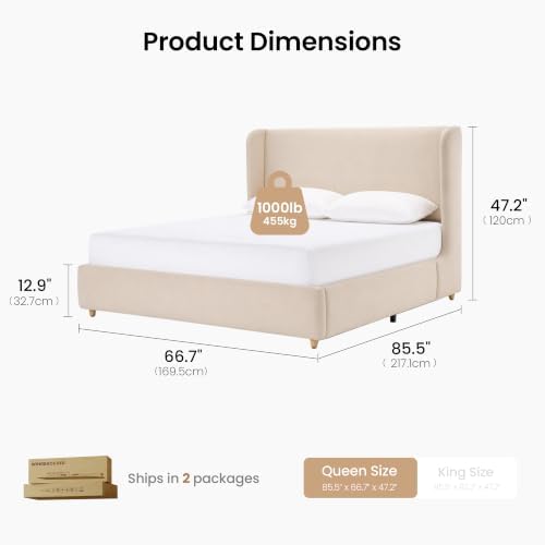 ModernMate Queen Upholstered Platform Bed Frame, Wingback Headboard, Beige