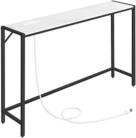 MAHANCRIS Narrow Console Table, 43.7" Sofa Table with Outlets, Marble&Black