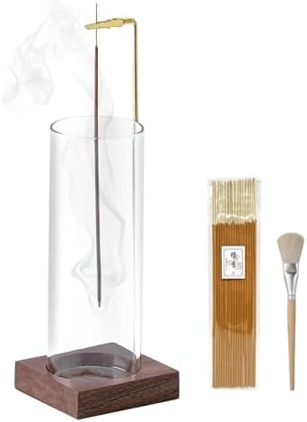 Ceremony Incense Holder, Wooden Incense Burner with Glass Ash Catcher (Transparent Round, One Glass)