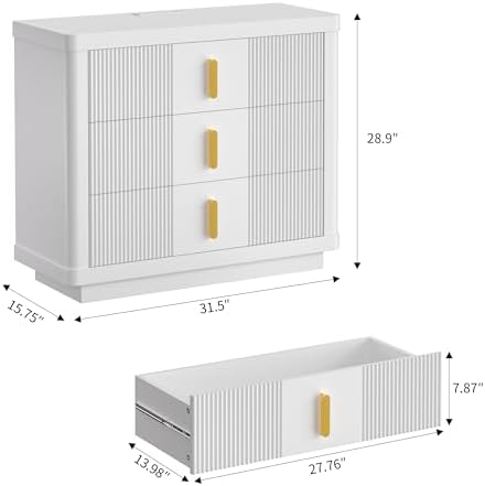 COWMOU White Fluted 3-Drawer Nightstand with Built-in Charging Station
