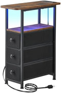 DALEMHOME Narrow End Table with Charging Station, Narrow Side Table with Drawer, Small Nightstand with LED Light, Skinny Nightstand, Small Bedside Table for Living Room, Bedroom, Couch, Rustic Brown