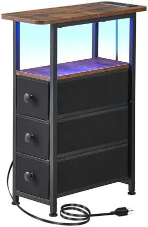 DALEMHOME Narrow End Table with Charging Station, Narrow Side Table with Drawer, Small Nightstand with LED Light, Skinny Nightstand, Small Bedside Table for Living Room, Bedroom, Couch, Rustic Brown