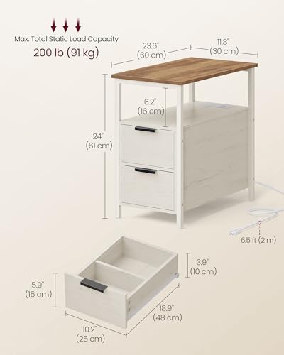 VASAGLE Side End Table with Charging Station, Slim Nightstand with Storage