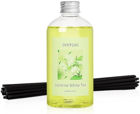 Jasmine White Tea Diffuser with 20 Black Fiber Sticks, 200ml for Diffusers for Home Essentials Bathroom,Last up to 60 Days