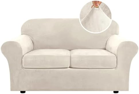 H.VERSAILTEX Real Velvet Plush 3 Piece Stretch Sofa Covers Couch Covers for 2 Cushion Couch Loveseat Covers Width Up to 72 Inch Feature Thick Soft Stay in Place (Medium Sofa, Ivory)