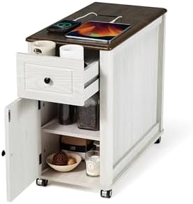 Rolling End Table with Wheels&Charging Station,Side Table with Drawer,White