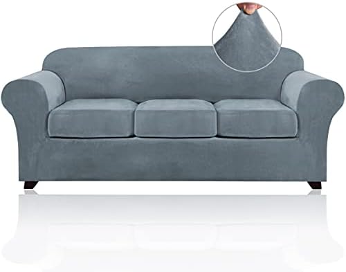 PrinceDeco Velvet Couch Covers for Sofa Soft 4 Pieces Couch Covers for 3 Cushion Couch Sofa Pet Friendly Furniture Protector with Non Slip Elastic Bottom Width Up to 90 Inch(Large, Stone Blue)