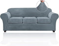 PrinceDeco Velvet Couch Covers for Sofa Soft 4 Pieces Couch Covers for 3 Cushion Couch Sofa Pet Friendly Furniture Protector with Non Slip Elastic Bottom Width Up to 90 Inch(Large, Stone Blue)