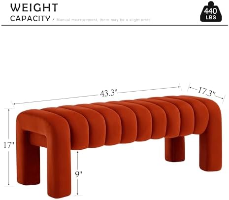 43.3" Bedroom Bench, Upholstered Entryway Bench, Modern End of Bed Ottoman with Solid Wood Legs and Adjustable Foot Pegs for Entryway, Dining Room and Living Room (Rust Velvet)
