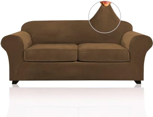 PrinceDeco Couch Cover Velvet Plush Sofa Covers for 2 Cushion Couch Width Up to 90 Inch Washable Furniture Protector Pet Friendly No Slip Sofa Slipcover(Medium-Large, Bronze Brown)