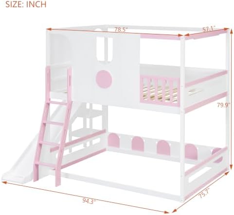 Merax Full Size Playhouse Bunk Bed with Slide and Storage Shelves, Pink