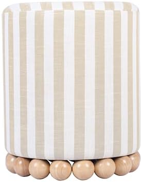 First of a Kind Ottoman Foot Rest - Beige Round Ottoman Stool with Solid Wood Spherical Orbs - 15.7" W x 15.7" D x 18.3" H - Handmade, Easy Clean, 330 lbs Weight Capacity