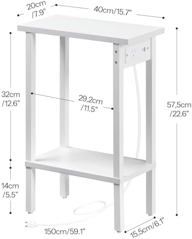 HOOBRO Narrow Side Table, 2-Tier Slim End Table with Charging Station, Skinny Nightstand with Open Storage, for Small Spaces, Living Room, Bedroom, Study, White WT240UBZ01