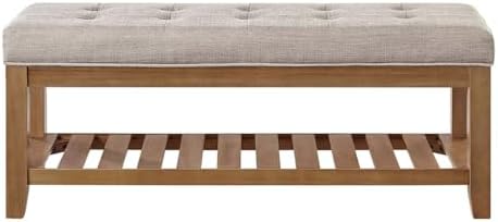 24KF Large Rectangular Upholstered Tufted Linen Fabric Ottoman Bench, Padded Bench with Solid Wood Shelf-Linen