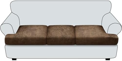 T Cushion Sofa Slipcovers Leather-Look 3PC Stretch Sofa Cushion Covers for 3 Cushion Couch Individually Couch Seat Covers with Elastic Bands, Pet-Friendly, Non-Slip, Easy Fit - Brown