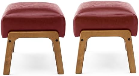 Glitzhome 2 Set Foot Stool Ottoman, Modern Leatherette Sofa Stool Vanity Chair with Rubber Wood Frame, Footrest Ottoman Bench for Living Room, Entryway, Wine Red