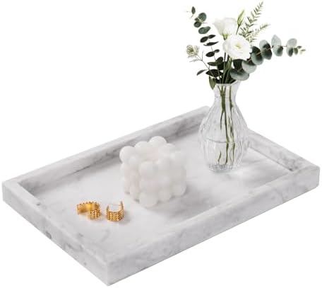 Marble Bathroom Tray for Countertop & Home Decor, Natural Decorative Marble Tray for Jewelry & Perfume Organizer, Luxury Stone Vanity Trays for Dresser, Kitchen Counter, 12" x 8", White