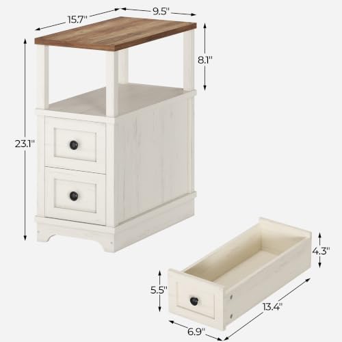 Slim End Table with 2 Drawers, Farmhouse Narrow Nightstand Wood，