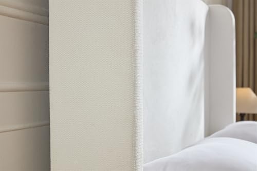 King 54" Tall Headboard Wingback Upholstered Platform Bed Frame Simplicity Chenille for Kids Teens Adults Bedroom Strong Wood Slats Support No Box Spring Needed Easy Assembly Cream White