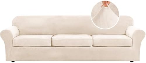 H.VERSAILTEX Modern Velvet Plush 4 Piece High Stretch Sofa Slipcover Furniture Protector Form Fit Velvet Extra Large Sofa Cover for 3 Cushion Couch Width Up to 105 Inch (XL Sofa, Butter Cream)