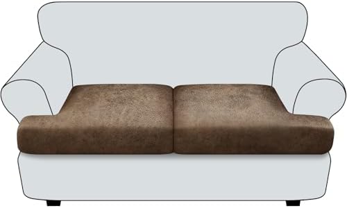 T Cushion Loveseat Sofa Cover Leather-Look 2PC Stretch Sofa Seat Cushion Slipcover Individual Couch Seat Covers with Elastic Bands, Pet-Friendly, Non-Slip, Easy Fit - Light Brown