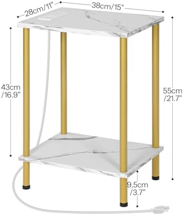 HOOBRO Side Table with Charging Station, End Table with USB Port and Outlet, Nightstand with 2-Layer Storage Shelves for Small Spaces, Living Room, Bedroom, Stable Frame, Gold and Marble DM09UBZ01