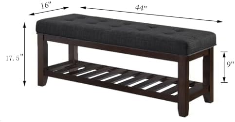 24KF Large Rectangular Upholstered Tufted Linen Ottoman Bench, Padded Bench with Solid Wood Shelf-Dark Gray