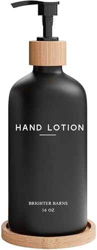Black Glass Lotion Dispenser with Pump by Brighter Barns - Hand Lotion Dispenser Bathroom Set with Tray - Luxury Bathroom Accessories Set, Modern Home Decor for Spa, Office, Living Room, Hotel (Black)