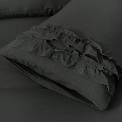 Bedorm Black Duvet Cover Twin Pleated Ruffled Bedding Set Shabby Chic Lace Ruffle Fringe French Country Room Decor Super Soft Cozy Black Boho Duvet Cover Sets
