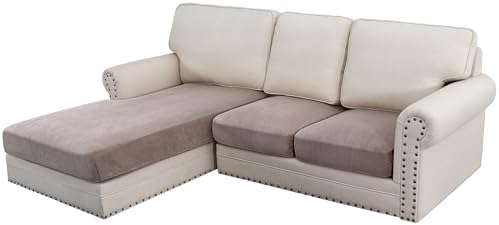 H.VERSAILTEX Velvet Stretch Sectional Sofa Covers - 3 Pieces, L-Shaped Chaise, Taupe Striped