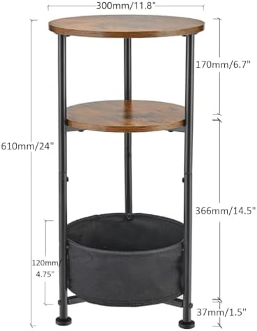 3-Tier Small Round Side Table with Storage Basket, Rustic Brown