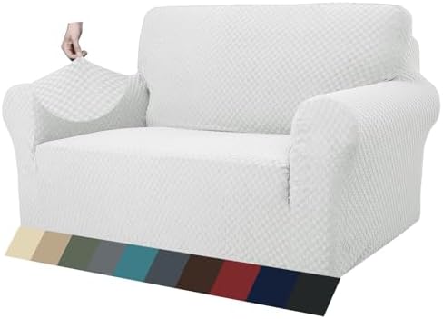 ZNSAYOTX 1 Piece Jacquard Couch Covers for 2 Cushion Couch High Stretch Loveseat Slipcover for Pets Dogs Anti Slip Love Seat Sofa Slipcover Furniture Protector (Medium, White)