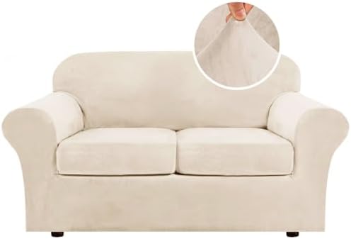 H.VERSAILTEX 3 Piece Stretch Sofa Covers Couch Covers for 2 Cushion Couch Loveseat Covers Width Up to 72 Inch Feature Thick Soft Stay in Place (Medium Sofa, Butter Cream)