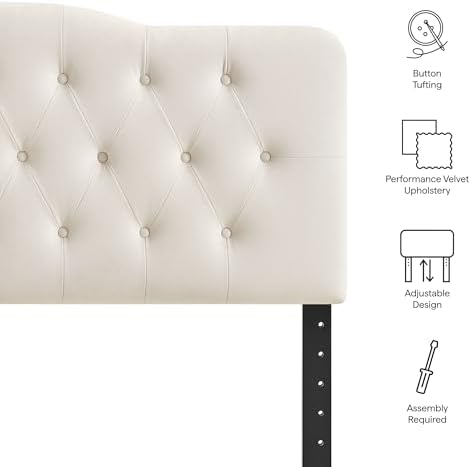 Modway Annabel Performance Velvet Adjustable King Headboard in Alabaster - Stain-Resistant Padded Headboard Only with Diamond Button Tufting and 7 Height-Adjustable Positions