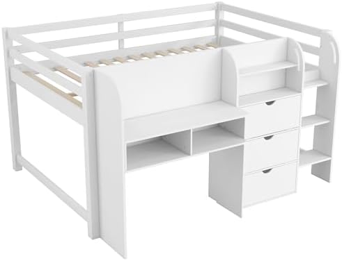 Bellemave Full Size Low loft Bed with Desk, for Kids,Wood Modern Farmhouse Full Loft Bed with Storage Cabinets,Bookcase, No Box Spring Needed, White
