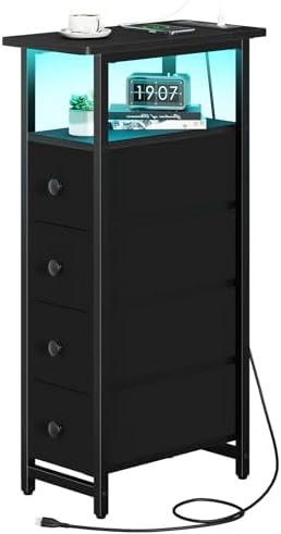 Yoobure Narrow Nightstand with Charging Station, LED Tall Narrow Side Table