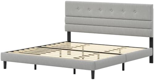 GRUSIGN King Size Bed Frame with Linen Fabric Headboard, Adjustable Height Upholstered Platform Bed Frame with Wooden Slats, Easy Assembly, Dark Grey