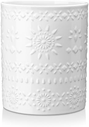 LOVECASA 7.2" Ceramic Utensil Holder, Farmhouse Countertop Crock, White